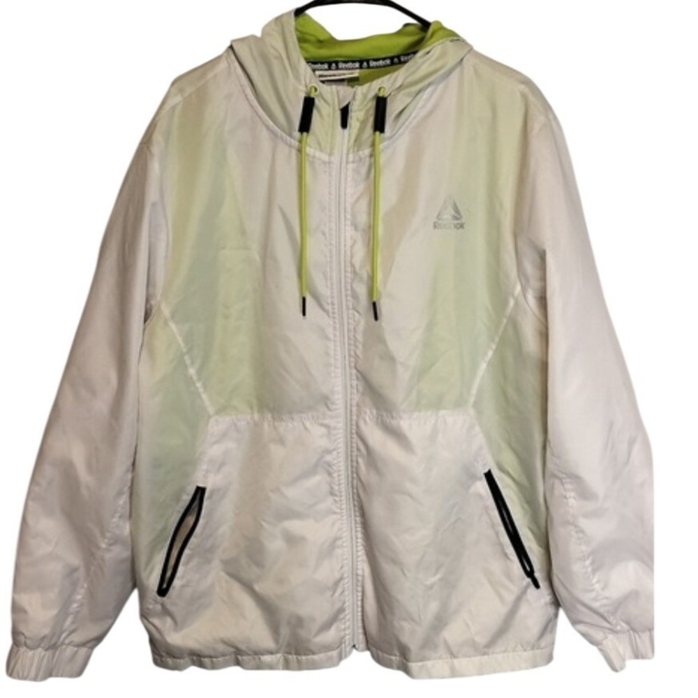 Reebok Mens XL White Lime Green Full Zip‎ Hooded Lined Reflective Windbreaker